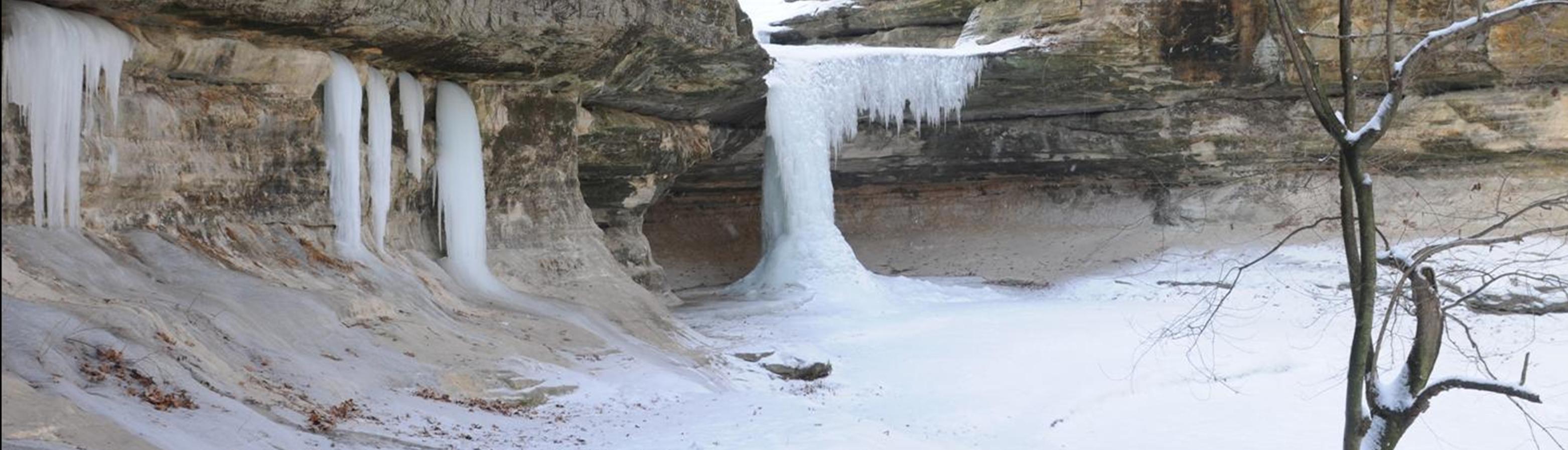 A Starved Rock State Park waterfall in winter