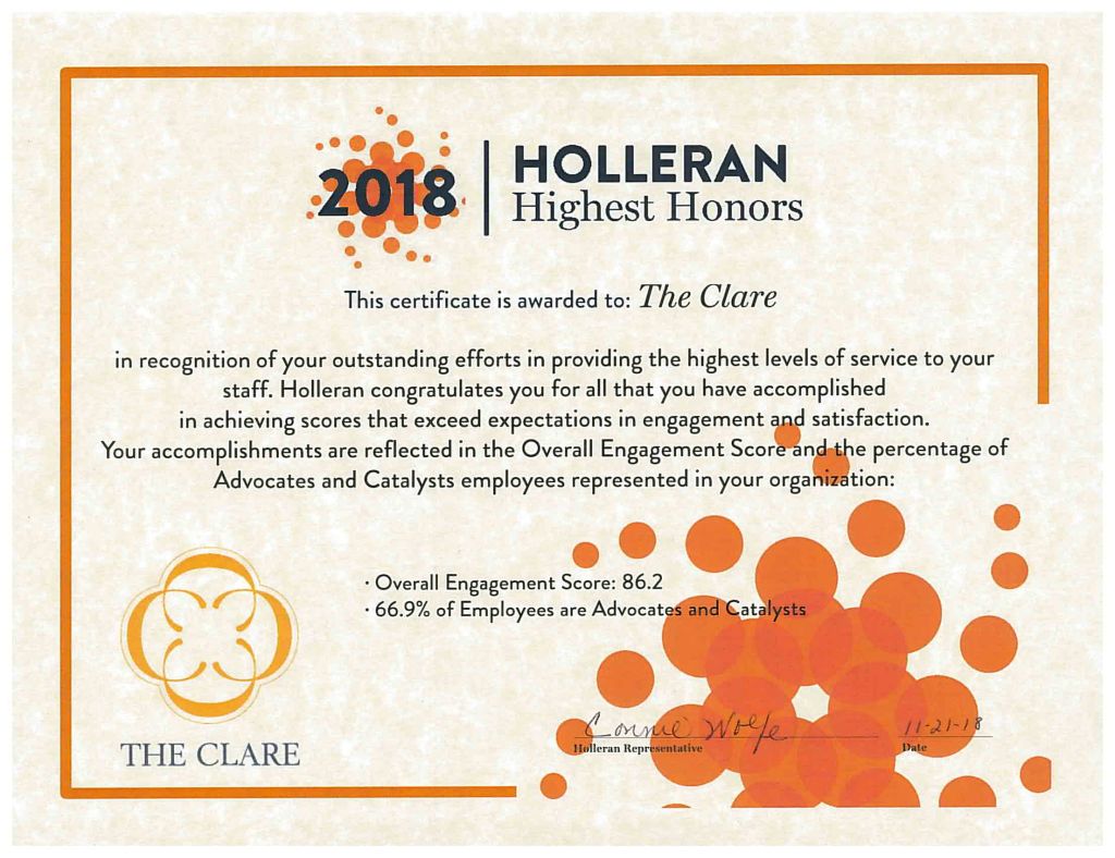 Holleran Highest Honors 2018 certificate