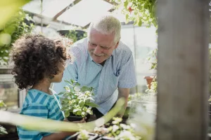 Older gentleman bending over with child holding plant