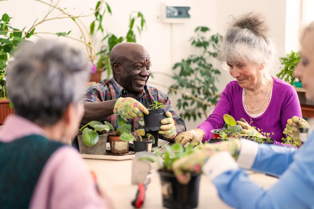 a group of seniors potting plants at their gardening club
